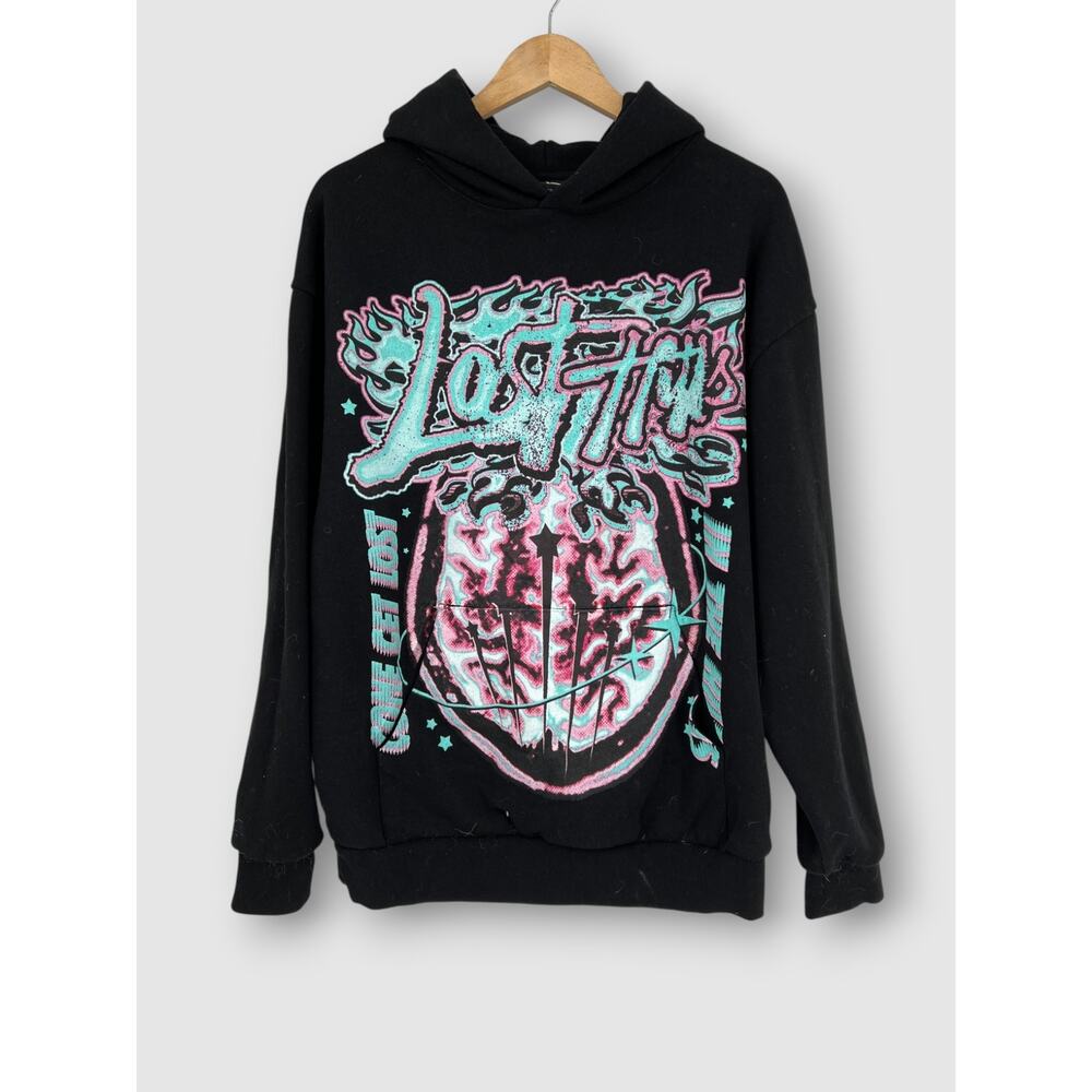 Lost Hills Graphic Pullover Hoodie Psychedelic Brain Art Black Size Large